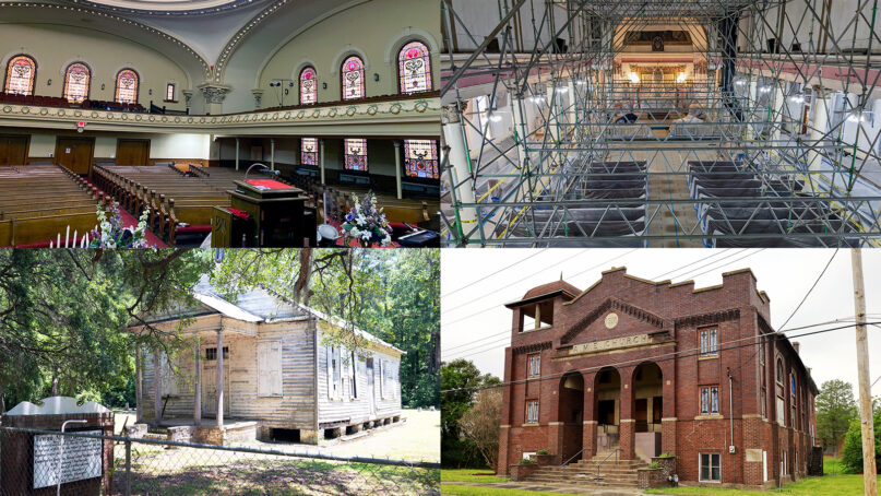 Clockwise from top left: Shiloh Baptist Church in Cleveland, Ohio. (Photo by Rev. Dr. Lisa Goods); St. Augustine Catholic Church in New Orleans, Louisiana. (Photo by Father Emmanuel Mulenga); Ward Chapel AME Church in Cairo, Illinois. (Photo by E. Charles Photography); Taveau Church in Cordesville, South Carolina. (Photo by Bill Fitzpatrick/ Preservation South Carolina)