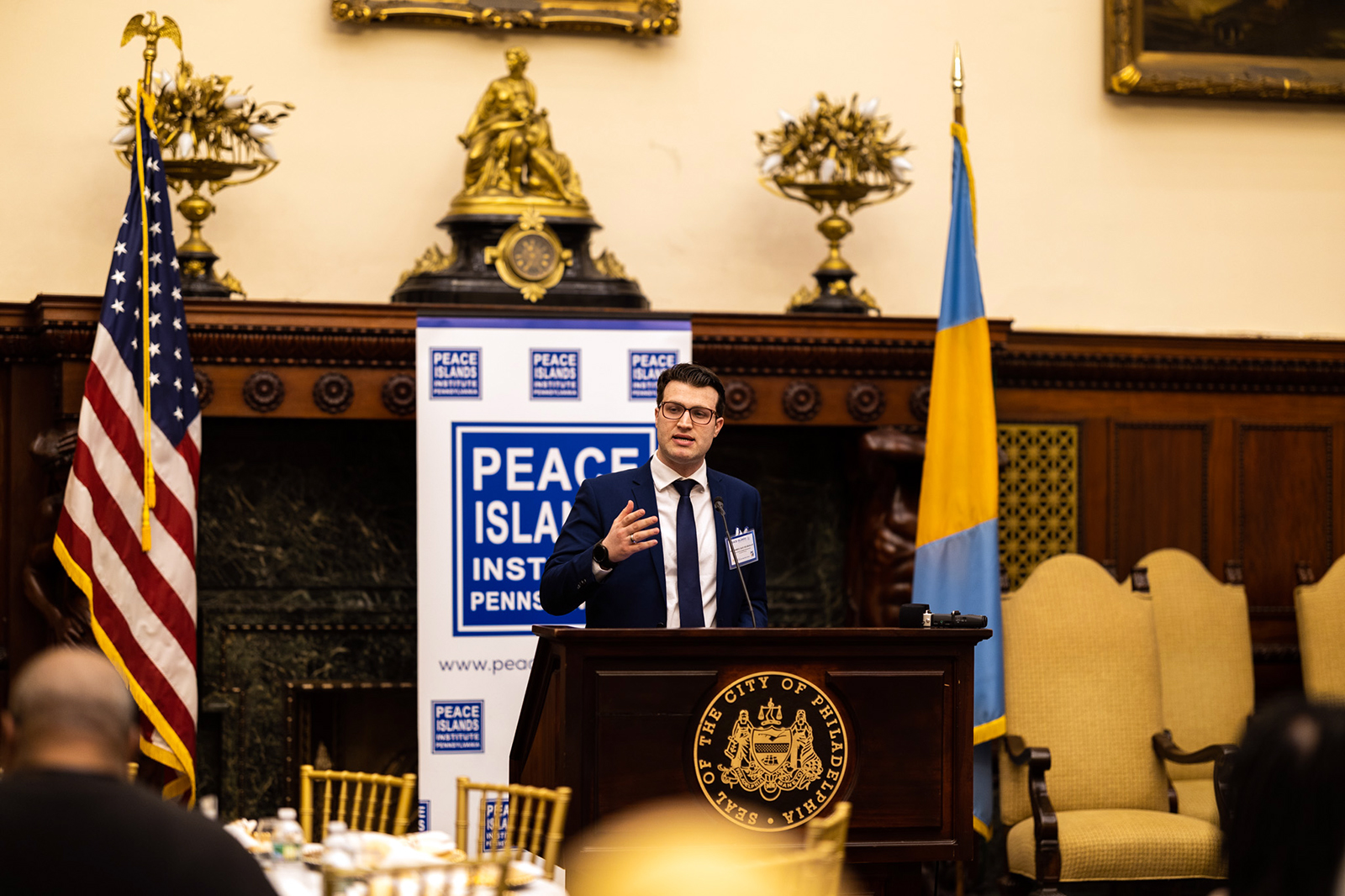 Muhammed Said Selmanlar, of the Peace Islands Institute Pennsylvania, speaks during an interfaith iftar celebration at Philadelphia City Hall on April 20, 2023. (Photo courtesy of PIIPA)