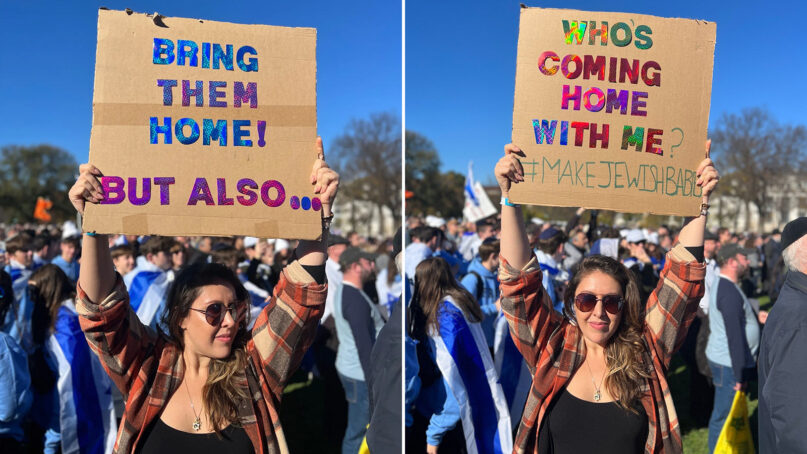 The two sides of Irina Barskaya’s sign during the March for Israel on Nov. 14, 2023, in Washington. (Courtesy photos)