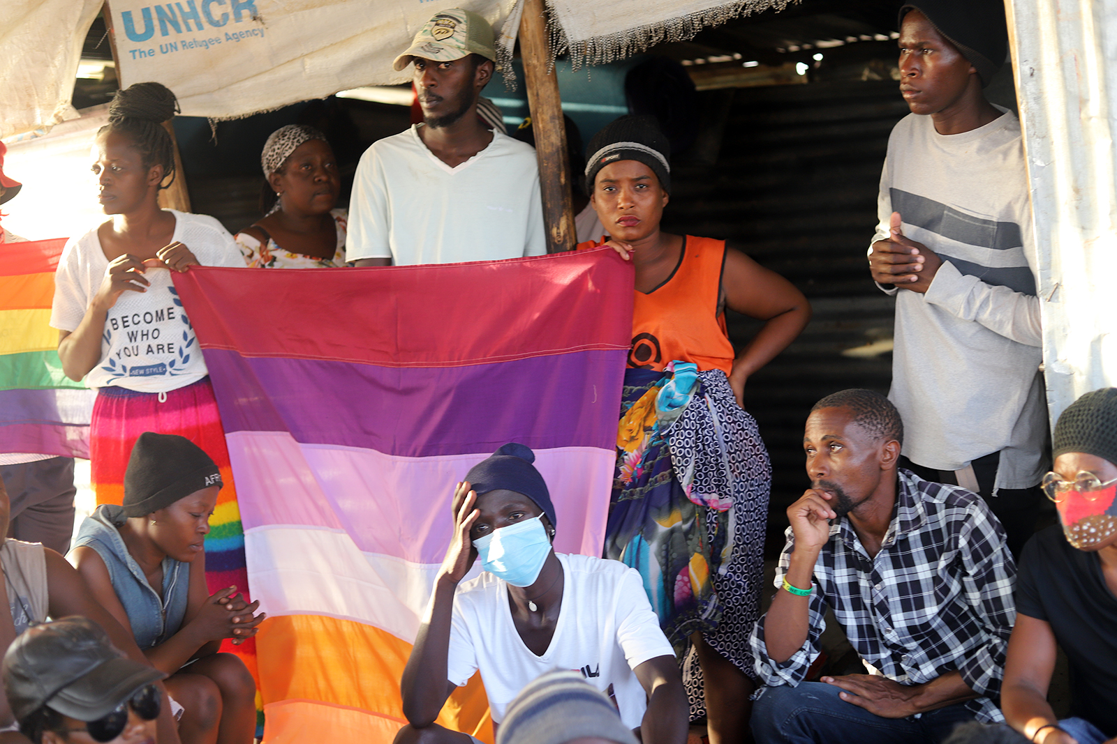 Many Ugandan LGBTQ refugees at Kakuma Refugee Camp in Kenya are seeking safety after escaping homophobic attacks in Uganda. Refugees demonstrate at the UNHCR refugee camp in northwest Kenya on Nov. 23, 2022. (RNS photo/Tonny Onyulo)