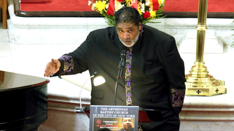 The Rev. William Barber II speaks at the historic Abyssinian Baptist Church in Harlem, New York, Sunday, Jan. 14, 2024. (Video screen grab)