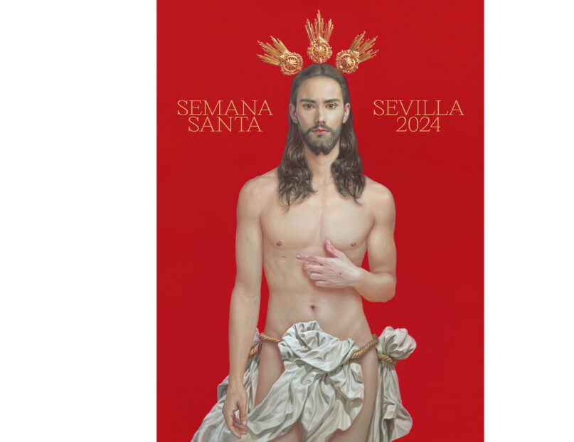 In this photo released by the Consejo de Hermandades de Sevilla on Friday Feb. 2, 2014, the Seville 2024 poster for the religious Easter Holy Week is pictured in this hand out photo. The poster by internationally recognized Seville artist Salustiano Garcia Cruz depicts a young, handsome, fit and fresh-faced Jesus wearing a shroud as loincloth. There is no crown of thorns, no suffering face and just two tiny stab wounds on the hand and ribcage. It could be the cover for a stylish fashion magazine. (Consejo de Hermandades de Sevilla via AP)