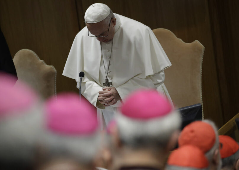 FILE - Pope Francis prays at the beginning of the third day of a Vatican's conference on dealing with sex abuse by priests, at the Vatican, Saturday, Feb. 23, 2019. Five years ago this week, Francis convened an unprecedented summit of bishops from around the world to impress on them that clergy abuse was a global problem and they needed to address it, but now, five years later, despite new church laws to hold bishops accountable and promises to do better, the Catholic Church's in-house legal system and pastoral response to victims has proven again to be incapable of dealing with the problem. (AP Photo/Alessandra Tarantino, Pool, file)