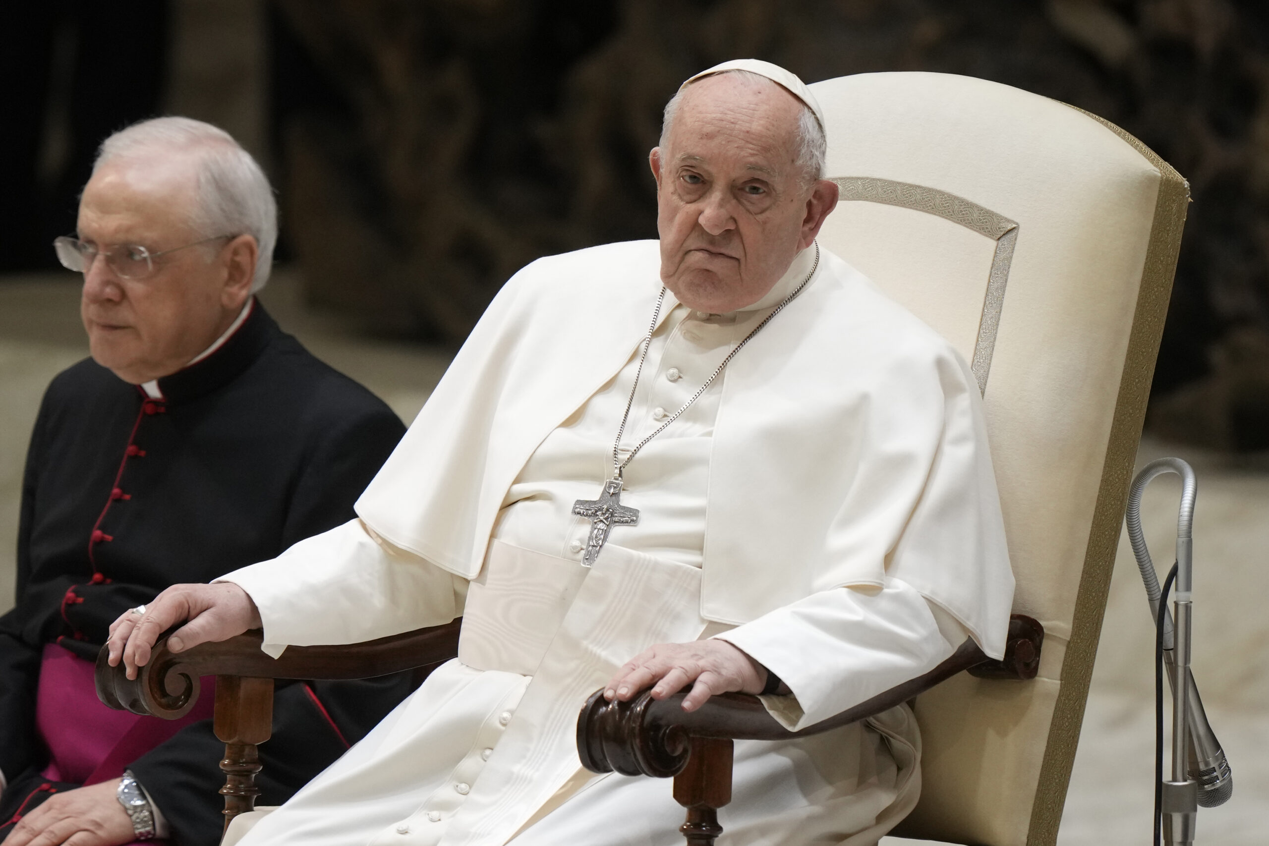 Pope Francis attends his weekly general audience in the Paul VI Hall, at the Vatican, Wednesday, Feb. 28, 2024. (AP Photo/Andrew Medichini)