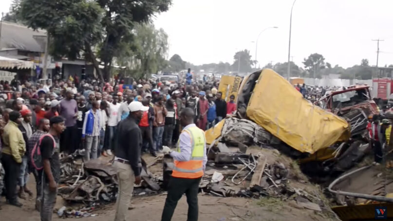 An accident involving four vehicles occurred in the Ngaramtoni suburb of Arusha, northern Tanzania, on Feb. 24, 2024. (Video screen grab/Wasafi Media/YouTube)