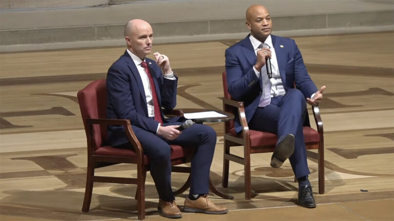 Utah Gov. Spencer Cox, left, and Maryland Gov. Wes Moore participate in the “With Malice Toward None, With Charity for All: Reclaiming Civility in American Politics