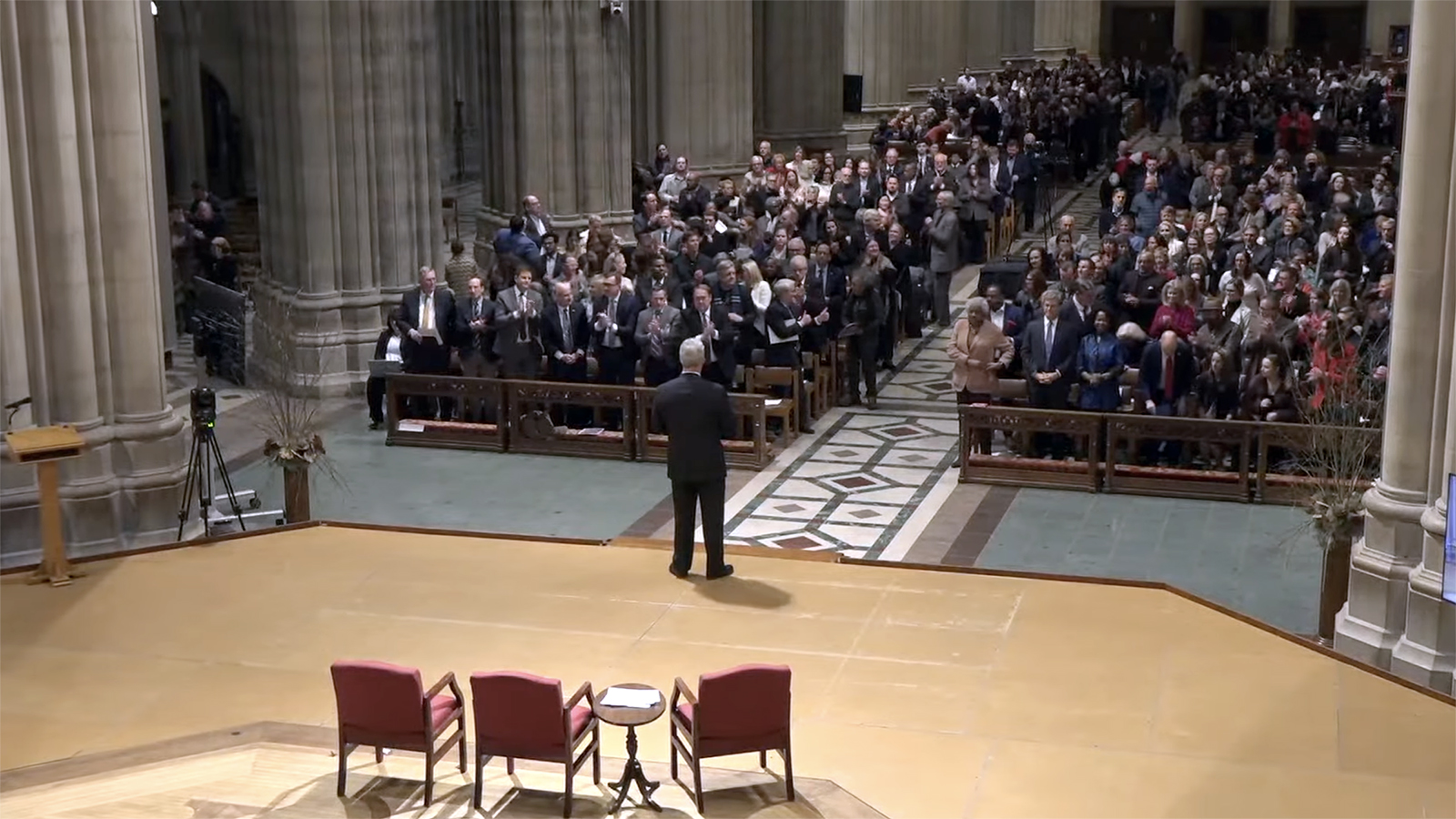 Dean Randy Hollerith addresses attendees of the “With Malice Toward None, With Charity for All: Reclaiming Civility in American Politics" program at the Washington National Cathedral, Wed. Feb. 22, 2024. (Video screen grab)