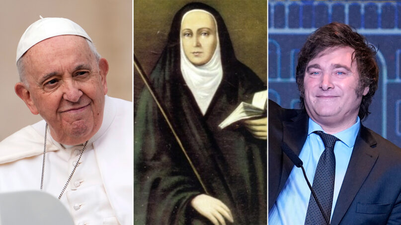 Pope Francis, from left, Blessed María Antonia de Paz y Figueroa and Javier Milei. (AP photos; image via Wikipedia)