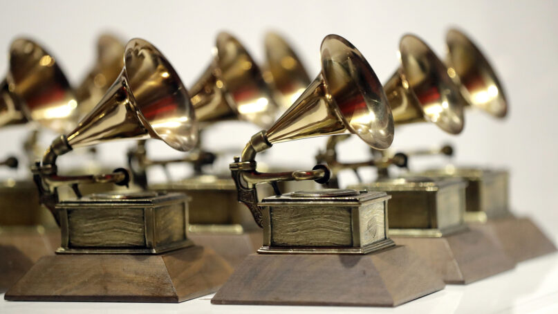 FILE - Grammy Awards are displayed at the Grammy Museum Experience at Prudential Center in Newark, N.J. on Oct. 10, 2017. The 66th annual Grammy Awards took place Sunday, Feb. 4, 2024, at the Crypto.com Arena in Los Angeles. (AP Photo/Julio Cortez, File)