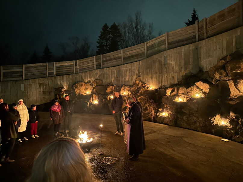 A winter Blót service is held in the outdoor sanctum of Hof Ásatrúarfélagsins, or Temple of the Asatru Fellowship, in Reykjavik, Iceland, in October 2023. The sanctum will eventually be enclosed. (Photo courtesy of Hof Ásatrúarfélagsins)