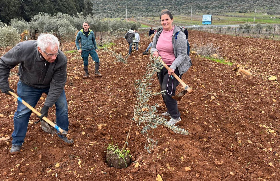 Members of Rabbis For Human Rights participate in a planting event on the land of a Palestinian who was killed by Israeli settlers. (Photo courtesy Rabbis For Human Rights)