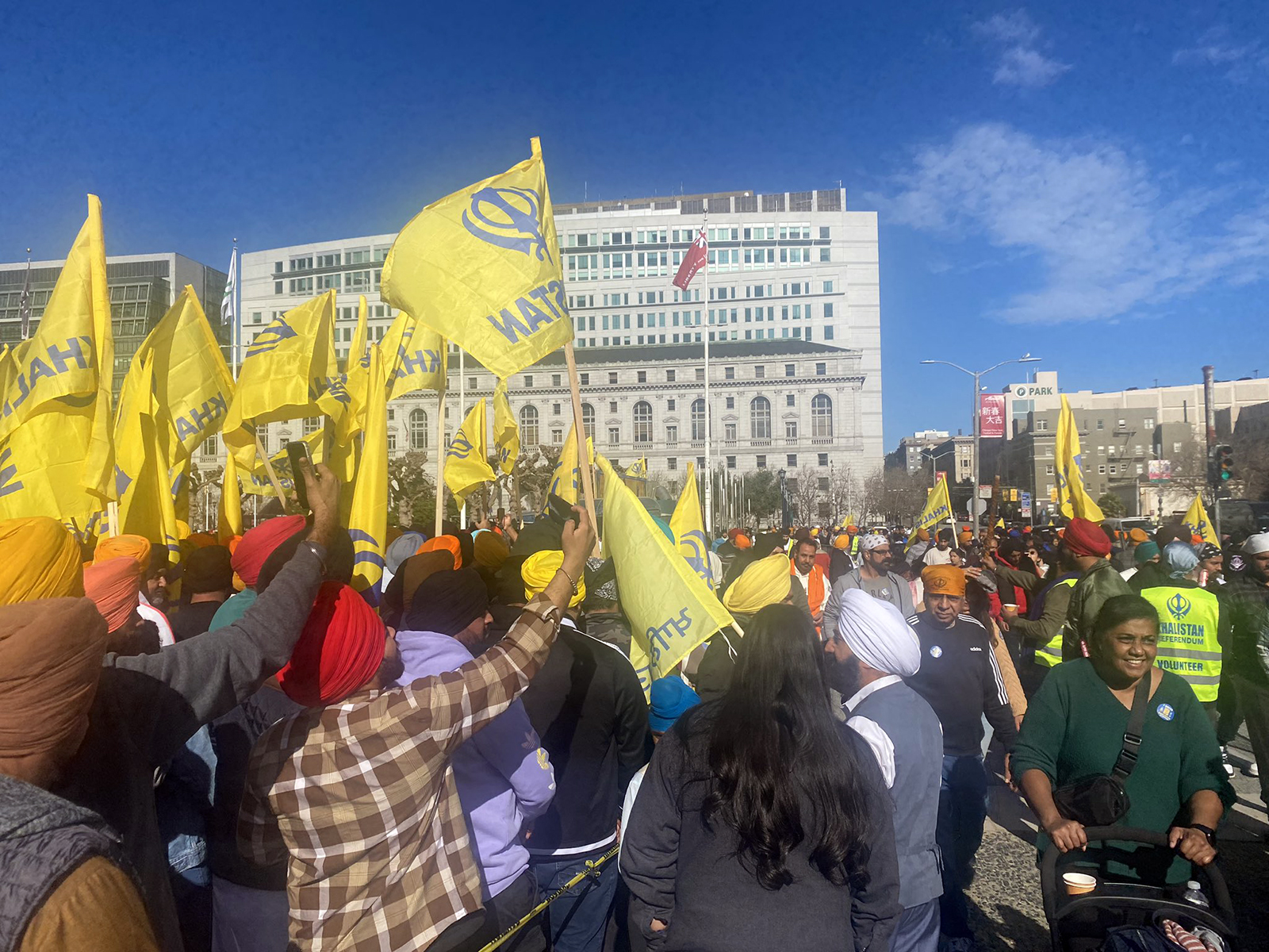 Sikhs rally near San Francisco City Hall for the California Khalistan Referendum, Sunday, Jan. 28, 2024, in San Francisco. (Photo courtesy Harjeet Singh))
