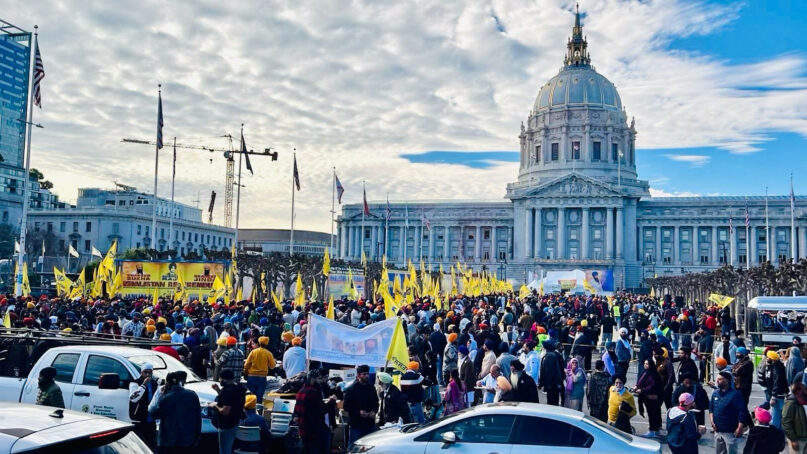 Tens of thousands of Sikhs rally near San Francisco City Hall for the California Khalistan Referendum, Jan. 28, 2024, in San Francisco. (Photo courtesy of Karam Singh)