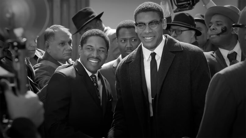 Kelvin Harrison Jr. as Martin Luther King Jr., left, and Aaron Pierre as Malcolm X, meeting in 