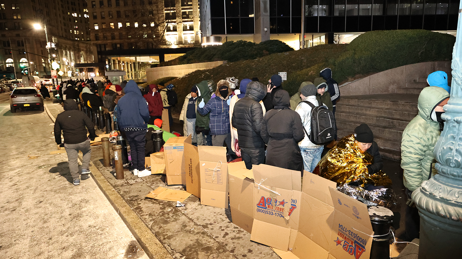 Migrants line up near Foley Square in lower Manhattan in Jan. 2024, hours before the nearby Federal Building opens where many have appointments. (Photo courtesy of Masbia)