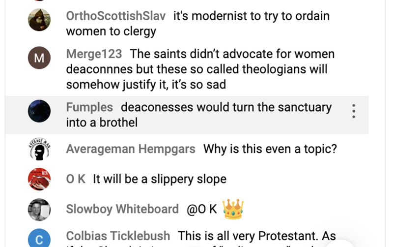 Some of the live chat comments from the Ancient Faith Today Live episode "The Orthodox Deaconess: Examining the Call for Restoration" on Jan. 30, 2024. (Screen grab)