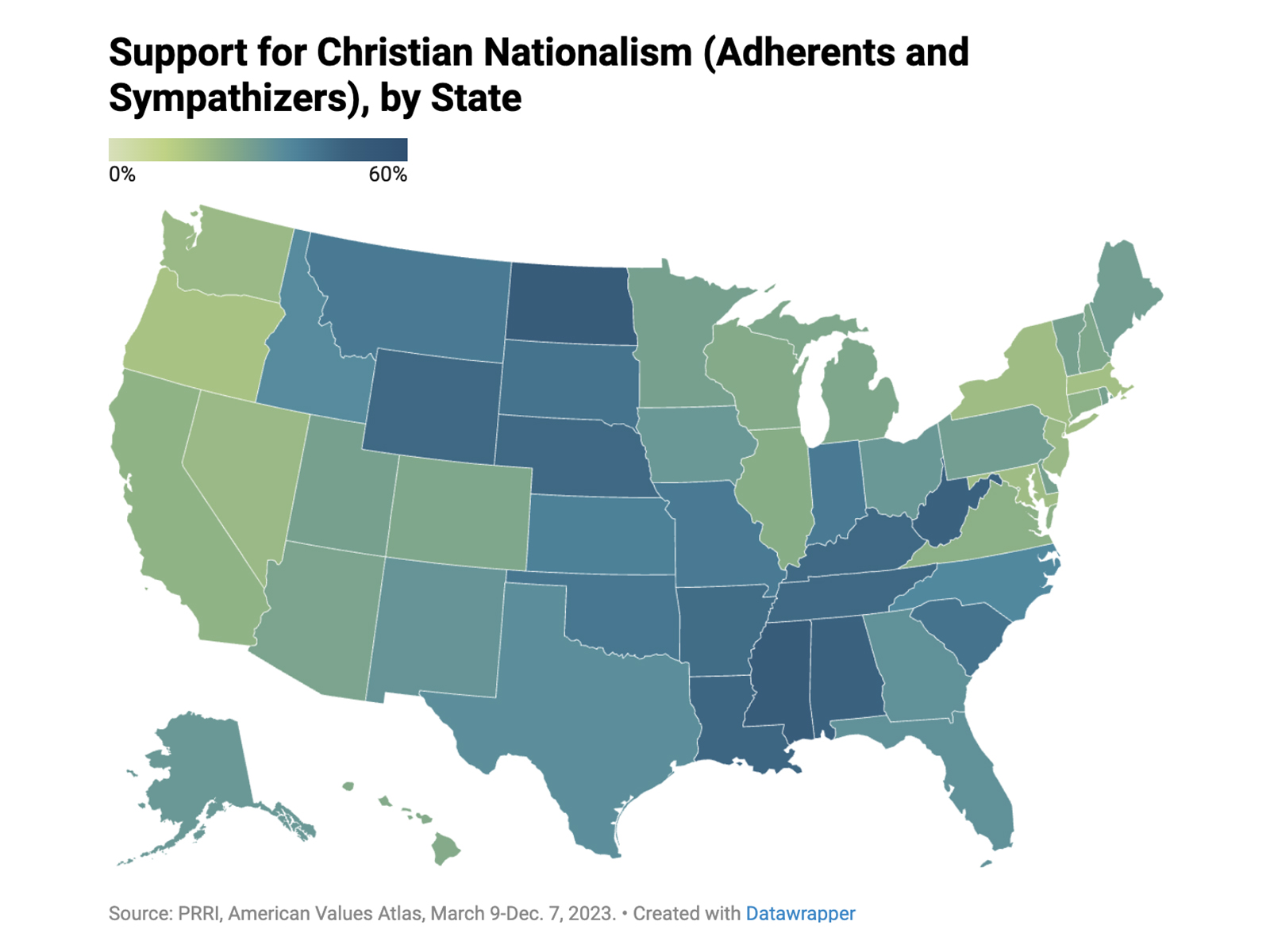 "Support for Christian Nationalism (Adherents and Sympathizers), by State" (Graphic courtesy PRRI)