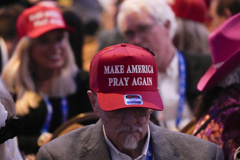 A man wears a Make America Pray Again hat before former President Donald Trump speaks at the National Religious Broadcasters convention at the Gaylord Opryland Resort and Convention Center, Feb. 22, 2024, in Nashville, Tenn. (AP Photo/George Walker IV)