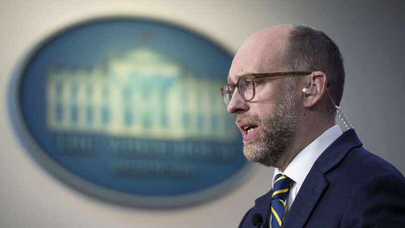 FILE - Office of Management and Budget Acting Director Russell Vought speaks during a television interview at the White House, Feb. 10, 2020, in Washington. (AP Photo/Alex Brandon)