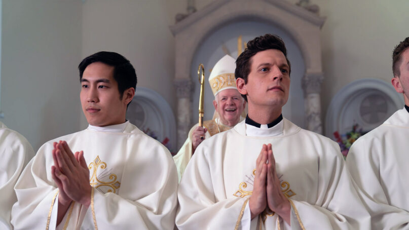 Actors Young Mazino, left, and Joshua Wills portray Catholic seminarians in “Trinity’s Triumph.” (Courtesy image)