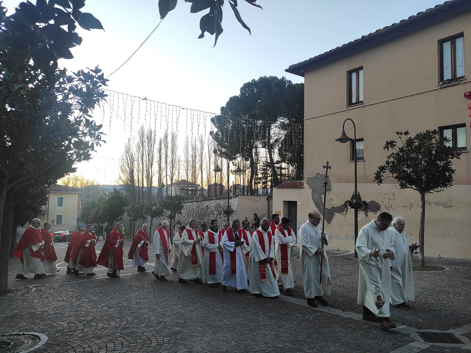 Clergy process toward the Basilica of St. Valentine in Terni, Italy, to celebrate the St. Valentine’s Day Mass on Tuesday, Feb. 13, 2024. (RNS photo/Claire Giangravé)