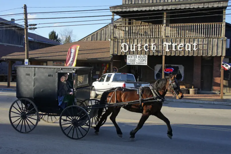 An Amish carriage passes the Dutch Treat restaurant in Spartanburg, Pa., on Thursday, Feb. 29, 2024. (AP Photo/Gene J. Puskar)