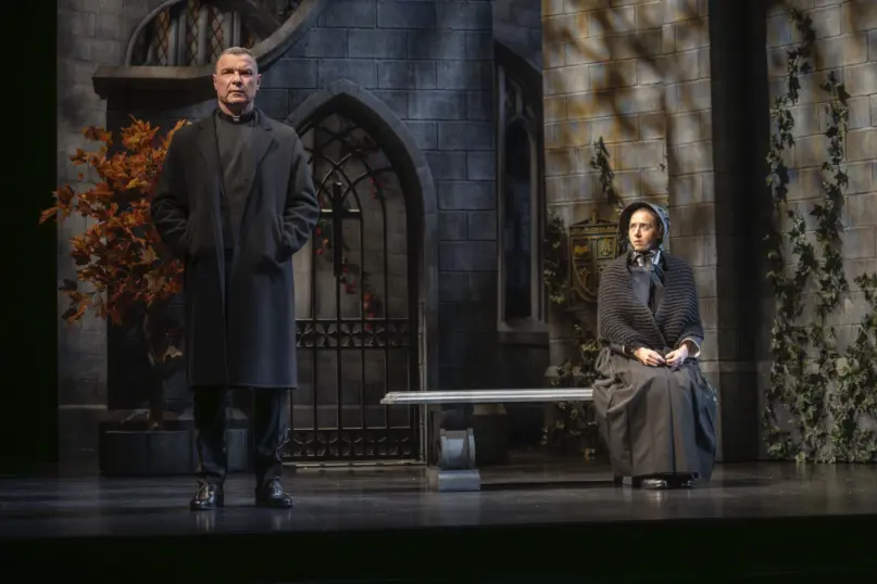 This image released by Polk & Co. shows Liev Schreiber as Father Flynn, left, and Zoe Kazan as Sister James, in Roundabout Theatre Company’s new Broadway production of “Doubt: A Parable” by John Patrick Shanley. (Joan Marcus, Polk & Co. via AP)