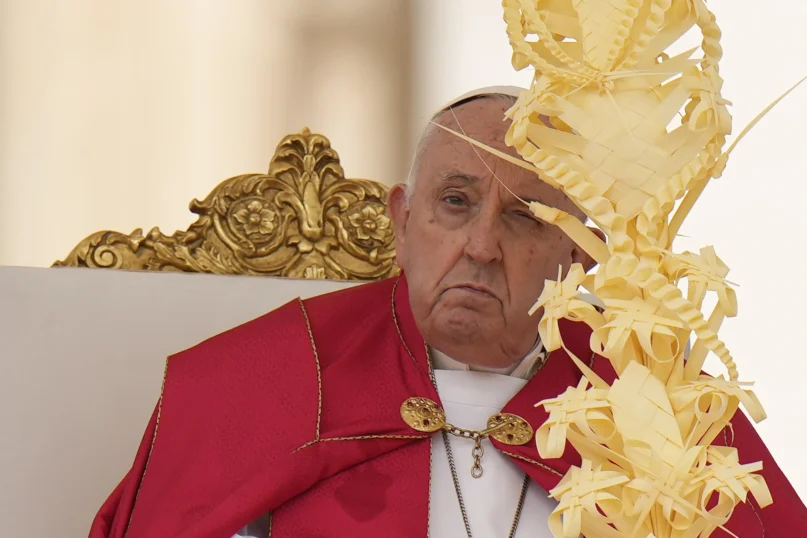 Pope Francis celebrates the Palm Sunday mass in St. Peter’s square at the Vatican, Sunday, March 24, 2024. (AP Photo/Alessandra Tarantino)