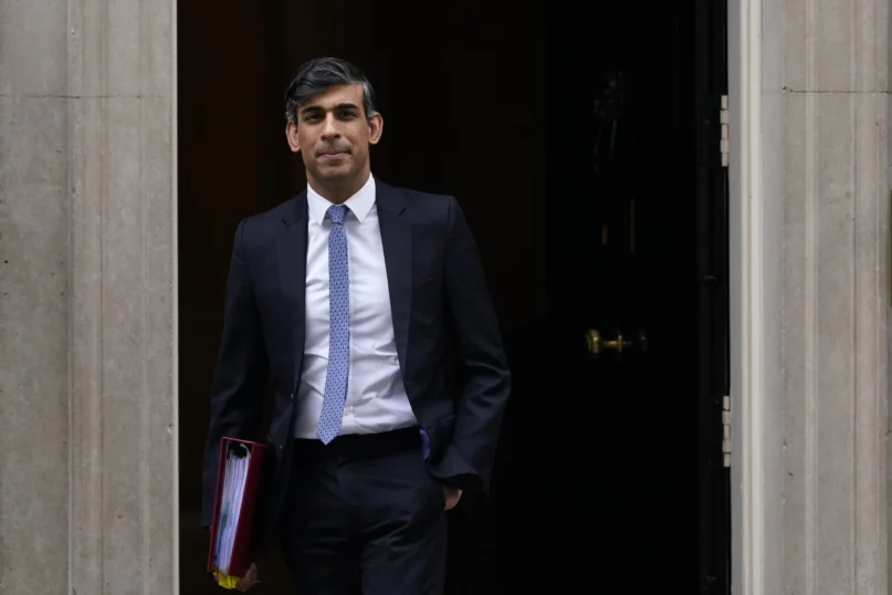 Britain’s Prime Minister Rishi Sunak departs 10 Downing Street to go to the House of Commons for his weekly Prime Minister’s Questions in London, Wednesday, March 13, 2024. (AP Photo/Alberto Pezzali)