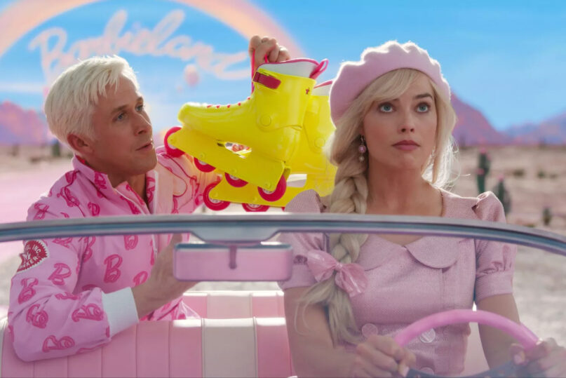Ryan Gosling as Ken, left, and Margot Robbie as Barbie in the film “Barbie.” (Photo courtesy of Warner Bros. Pictures)