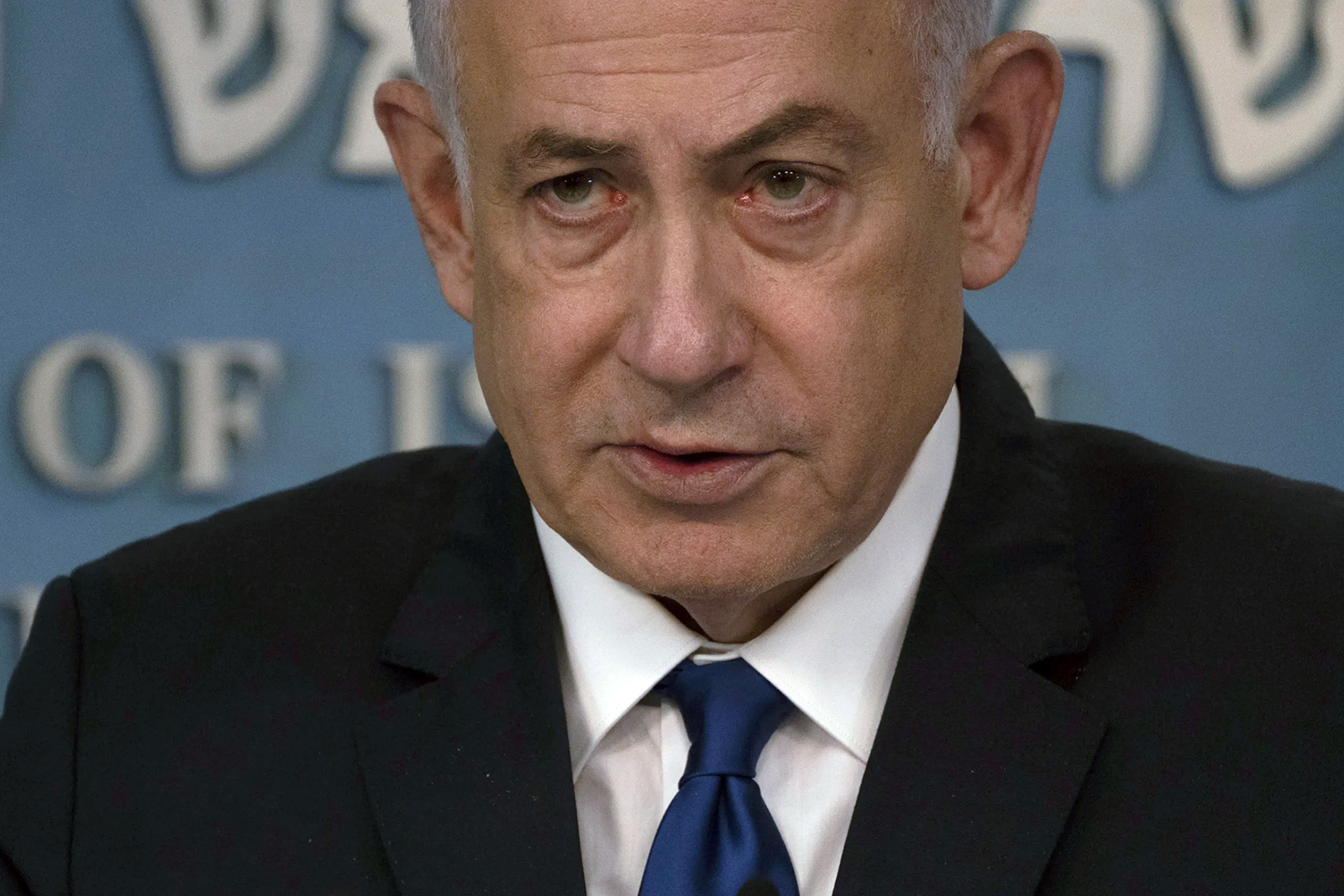 Israeli Prime Minister Benjamin Netanyahu delivers his speech after a meeting with German Chancellor Olaf Scholz in Jerusalem, Sunday, March 17, 2024. (AP Photo/Leo Correa, Pool)