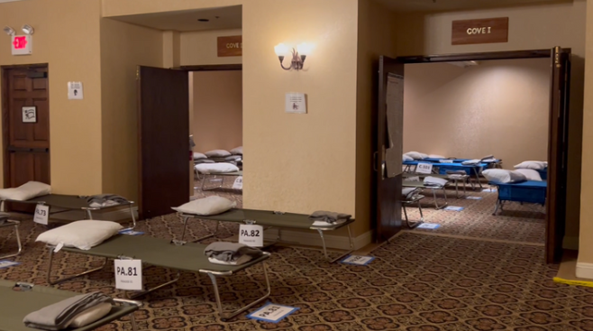 Several rooms are converted into sleeping quarters as a part of a Migrant Shelter set up in San Diego as part of the Catholic Charities at the Diocese of San Diego. Courtesy Catholic Charities