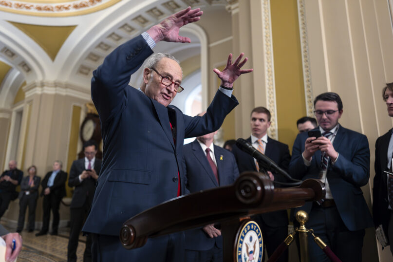 FILE - Senate Majority Leader Chuck Schumer, D-N.Y., speaks to reporters at the Capitol in Washington, Tuesday, March 12, 2024. (AP Photo/J. Scott Applewhite)