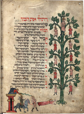 A medieval manuscript depicts the hanging of the 10 sons of Haman. (Image courtesy National Library of Israel/Wikimedia/Creative Commons)
