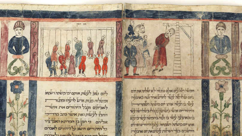 Illustration of the hanging of the 10 sons of Haman. Parchment scroll of the Jewish Book of Esther, made in Ferrara, Italy, 1617. (Image courtesy National Library of Israel/Wikimedia/Creative Commons)