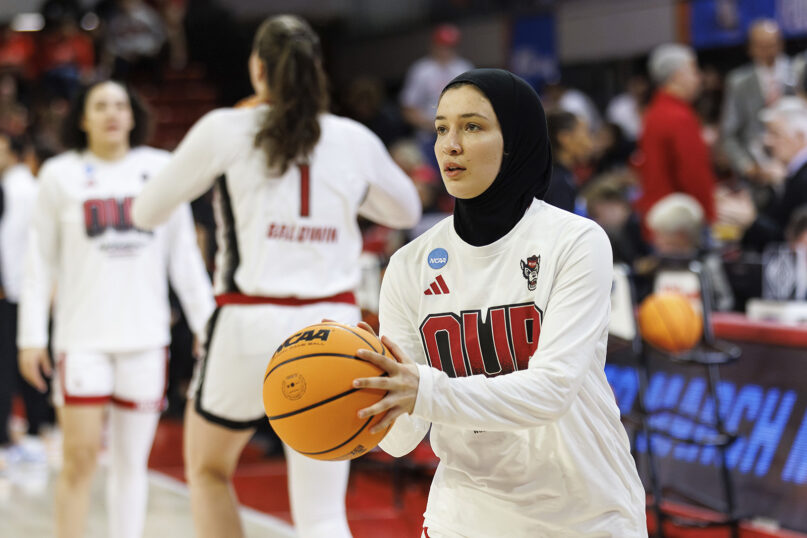 North Carolina State’s Jannah Eissa warms up before a second-round college basketball game against Tennessee in the NCAA Tournament in Raleigh, N.C., March 25, 2024. (AP Photo/Ben McKeown)