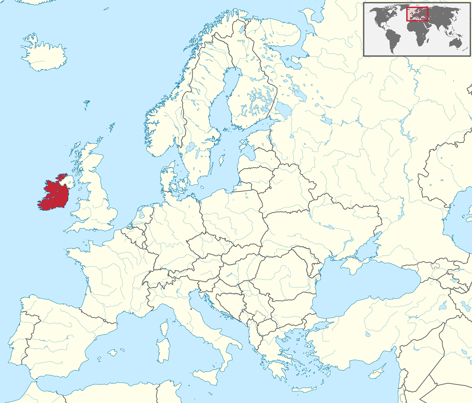 Ireland, red, in western Europe. (Image courtesy Wikipedia/Creative Commons)