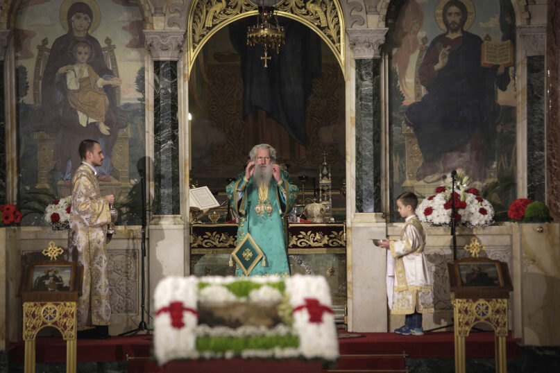 Bulgarian Patriarch Neophyte leads Palm Sunday liturgy at Alexander Newsky Cathedral in Sofia, Bulgaria, on April 12, 2020. Patriarch Neophyte of Bulgaria, who was the first elected head of the Orthodox Church in the post-communist Balkan country, died at a hospital in Sofia at age 78. The Orthodox Holy Synod said March 13, 2024, in a statement that the patriarch had been hospitalized for four months for lung ailments. (AP Photo/Valentina Petrova, File)