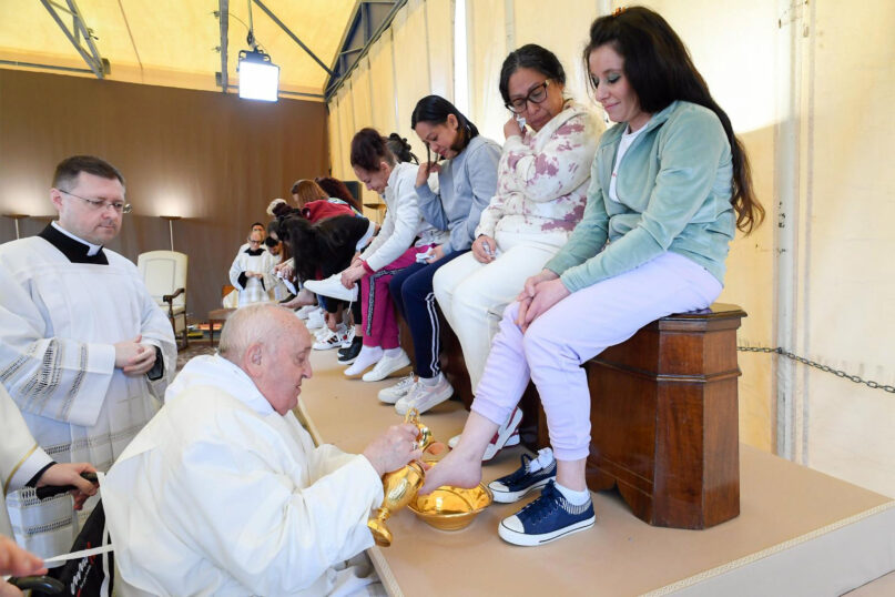 Pope Francis washes and kisses the feet of 12 women inmates of the Rebibbia prison in the outskirts of Rome on Holy Thursday, March 28, 2024, a ritual meant to emphasize his vocation of service and humility. (Photo by Vatican Media)
