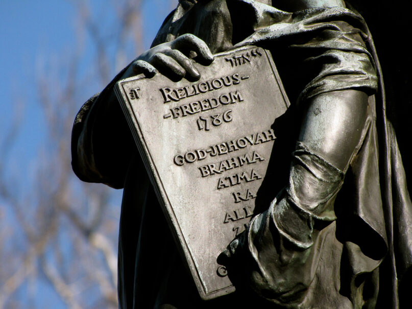 Detail of a Thomas Jefferson statue on the University of Virginia campus in Charlottesville, Virginia. (Photo by K.G.Hawes/Flickr/CC BY-NC-SA 2.0 DEED)