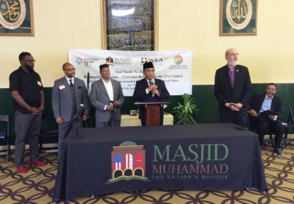 July 13, 2021, Rev Bowen, far left, participates in an international Faith Community Alliance between the largest Muslim organization and largest Evangelical Christian organization.Photo by Albert Sabir, Courtesy The Nation's Mosque
