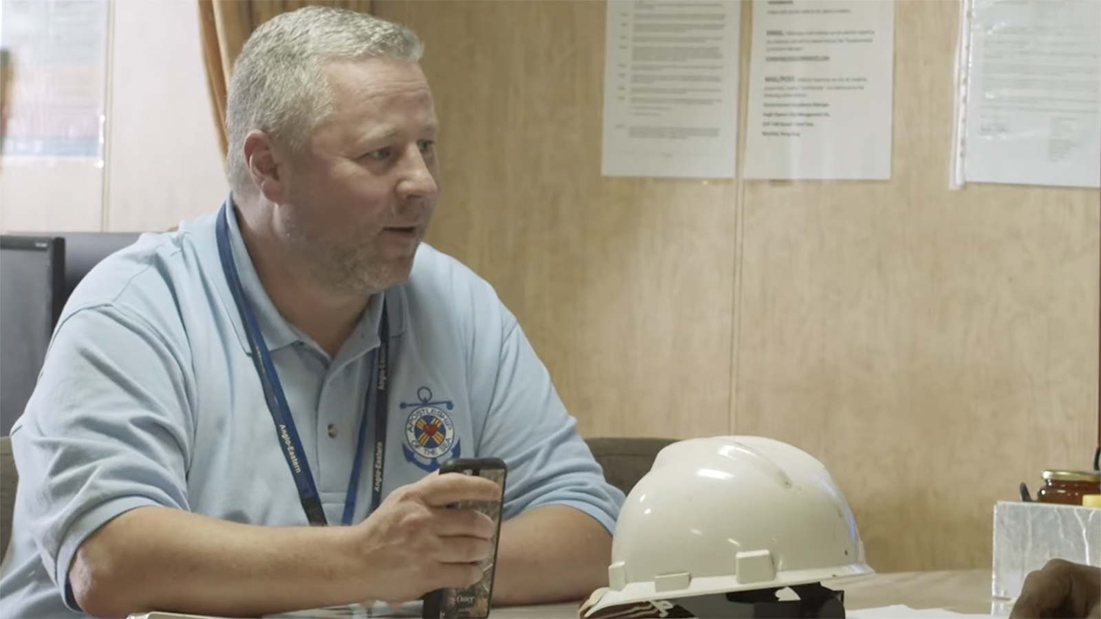 Andy Middleton, director of the Archdiocese of Baltimore’s Apostleship of the Sea, meets with seafarers. (Video screen grab)