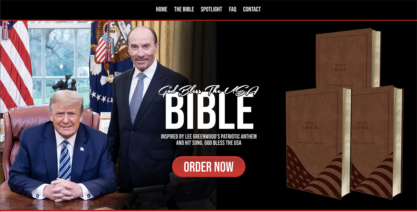 Former president Donald Trump, left, and musician Lee Greenwood on the website for the God Bless the USA Bible. (Screen grab)
