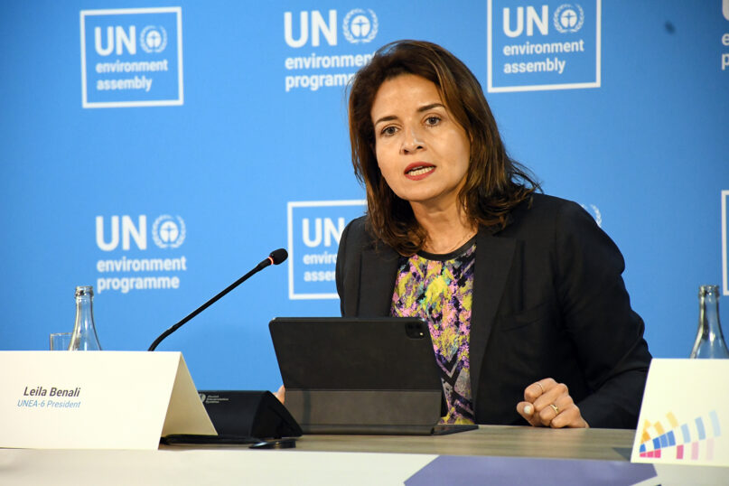 Leila Benali, president of UNEA-6 and Morocco’s minister for energy transition and sustainable development, speaks during the sixth meeting of the United Nations Environment Assembly in Nairobi, Kenya. UNEA-6 took place from Feb. 26-March 1. (RNS photo/Fredrick Nzwili)