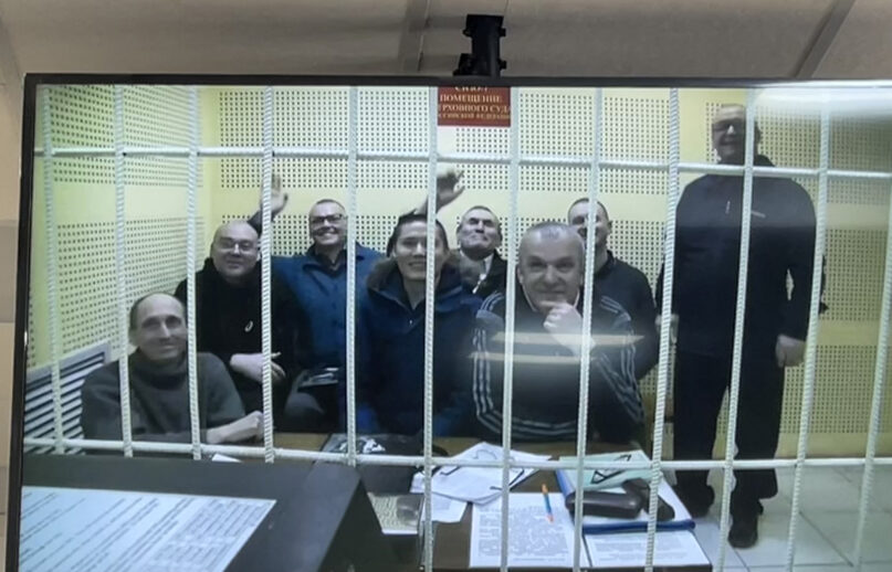 Video of defendants in the Irkutsk case in a Russian courtroom for an April 2023 hearing. (Photo courtesy of Jehovah’s Witnesses)