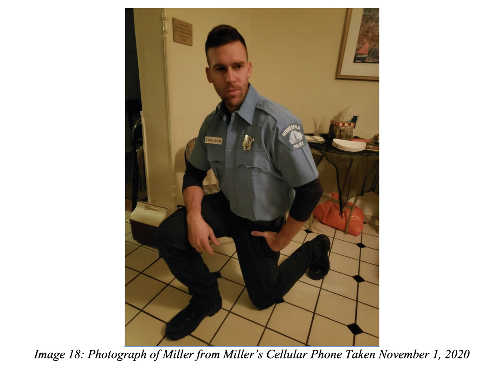 Scott Miller in a 2020 Halloween costume with badges reading “Minneapolis Police” and “CHAUVIN,” references to the police officer who has been convicted of the murder of GeorgeFloyd in the summer of 2020. (Photo via U.S. government sentencing memorandum)
