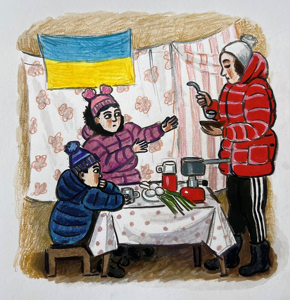 An illustration by Kyiv-born artist Zoya Cherkassky-Nnadi in "For Our Freedom," a new haggadah in Ukrainian produced by Project Kesher. (Image courtesy Project Kesher)