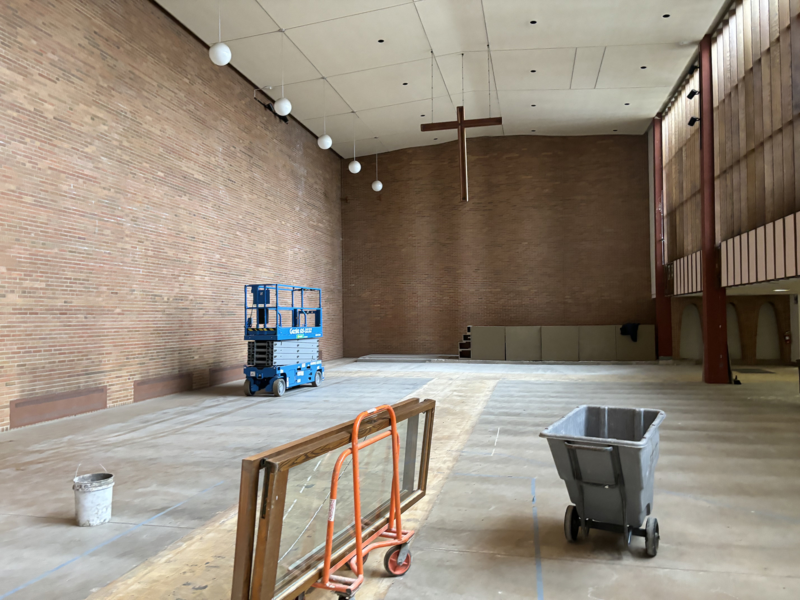 Construction is underway on former sanctuary of Good Shepherd Lutheran Church in Rockford, Ill., April 2, 2024, to become a gym in the future Good Shepherd YMCA. (RNS photo/Bob Smietana)