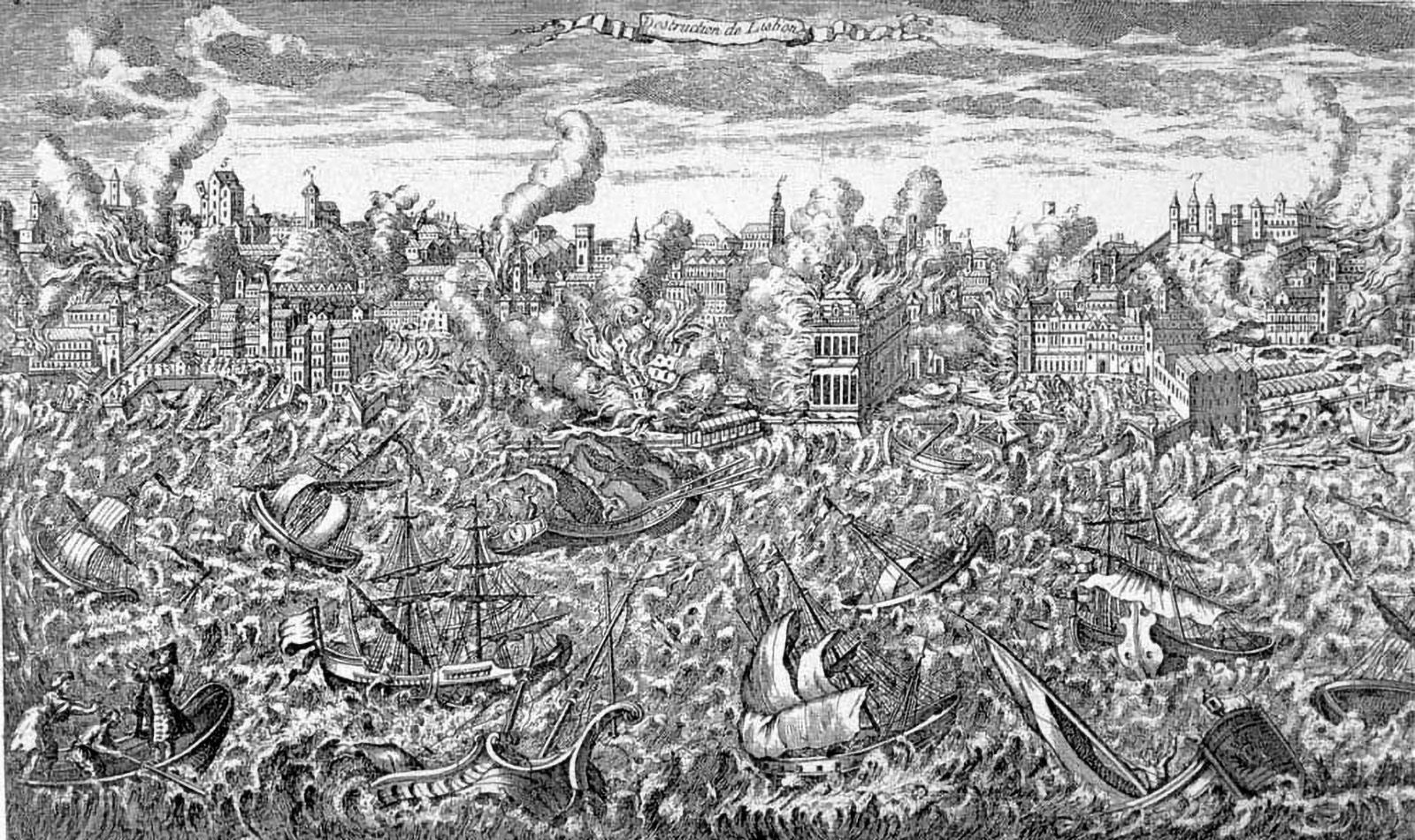 A 1755 copper engraving showing Lisbon, Portugal, in flames and a tsunami overwhelming the ships in the harbor. (Image courtesy Wikipedia/Creative Commons)