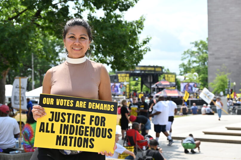 The Rev. Mira Sawlani-Joyner, the Minister for Justice, Advocacy and Change at New York’s historic Riverside Church, attends a Poor People's Campaign event outside the U.S. Capitol on June 29, 2024. (RNS photo by Jack Jenkins)